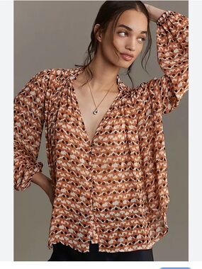Anthropologie Rust Dot Printed Peasant Blouse